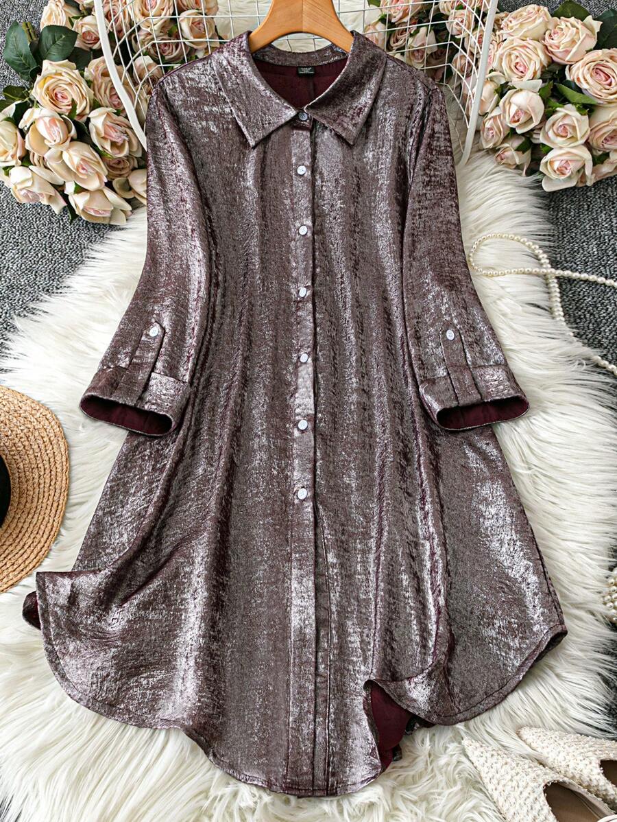 SHEIN LUNE Plus Size Front Button Long Sleeve Casual Dress