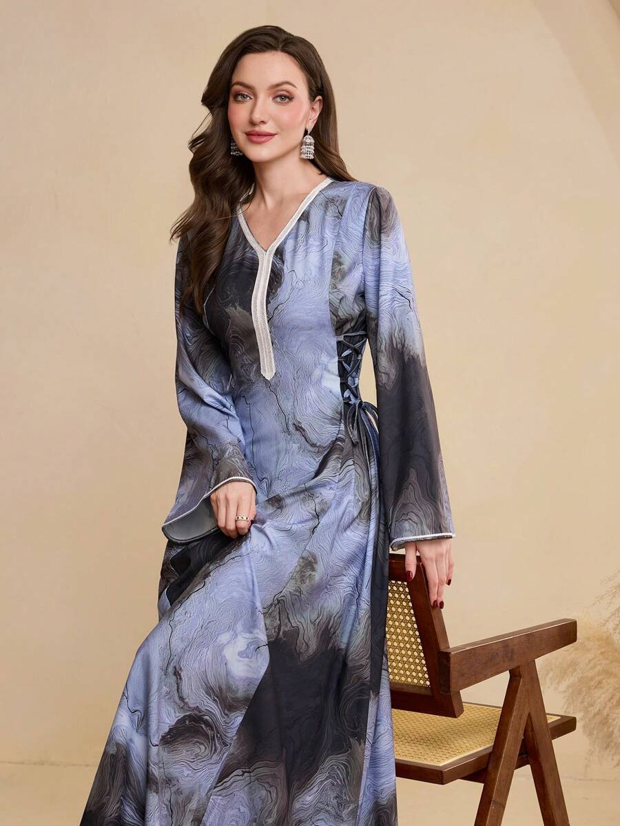 Al Najma Tie-Dye Print V-Neck Long Sleeve Cinched Waist Dress, Flowy Dress,Modest