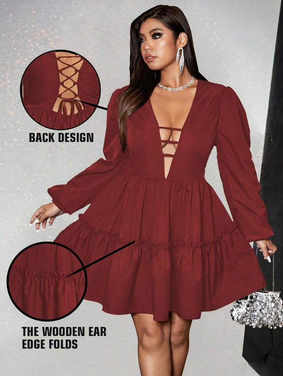 Viva Relle Plus Size Elegant Sexy Solid Deep V-Neck Criss-Cross Backless Dress