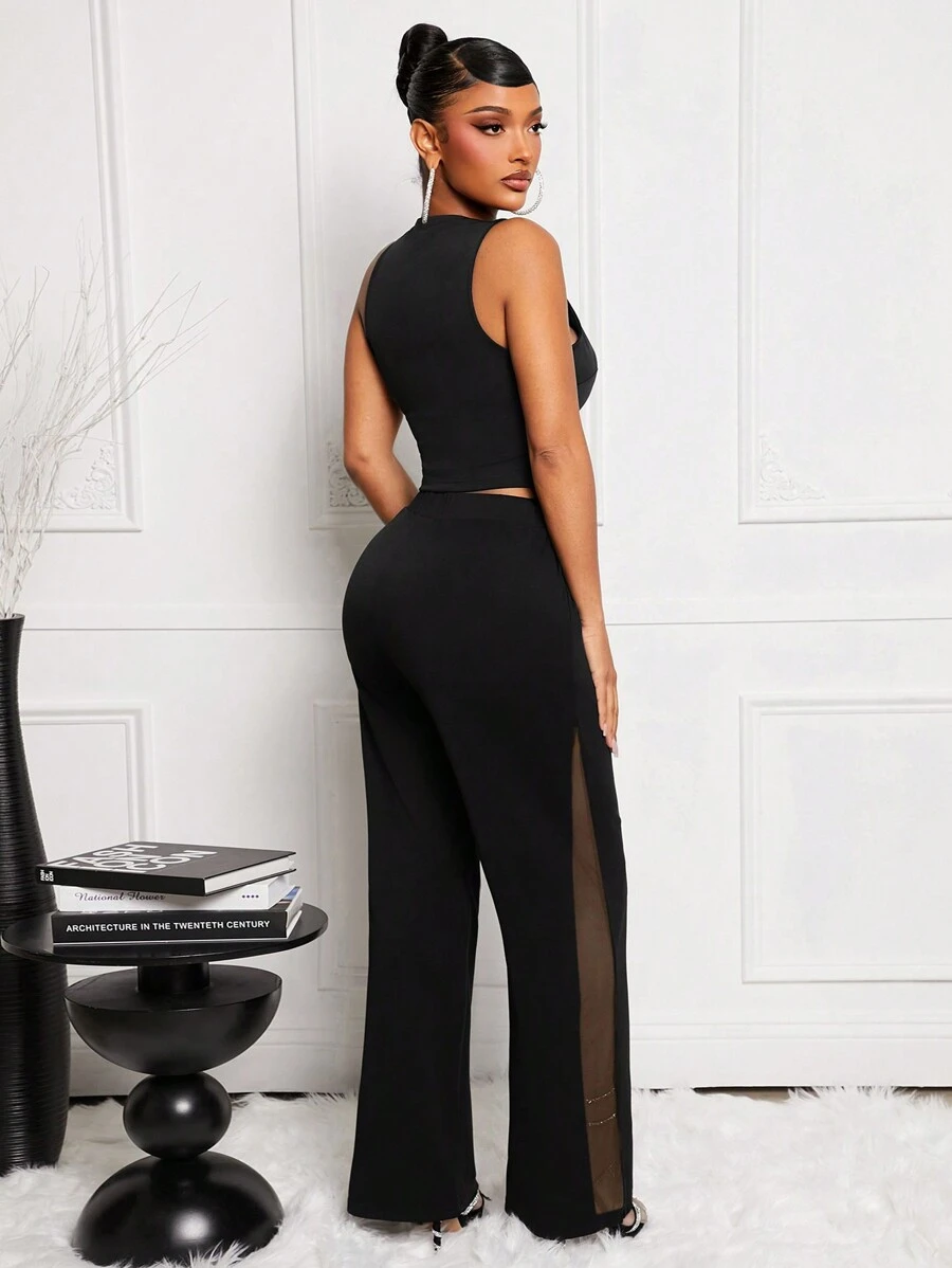 SHEIN SXY Women's Mesh Patchwork Pocket Casual Suit Pants, Everyday Wear