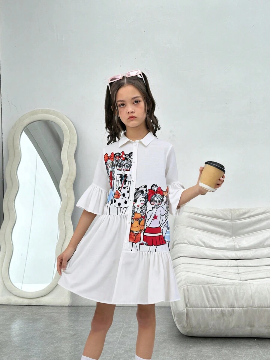 SHEIN Tween Girls Oversized Sporty Street Style Short Sleeve Shirt Dress