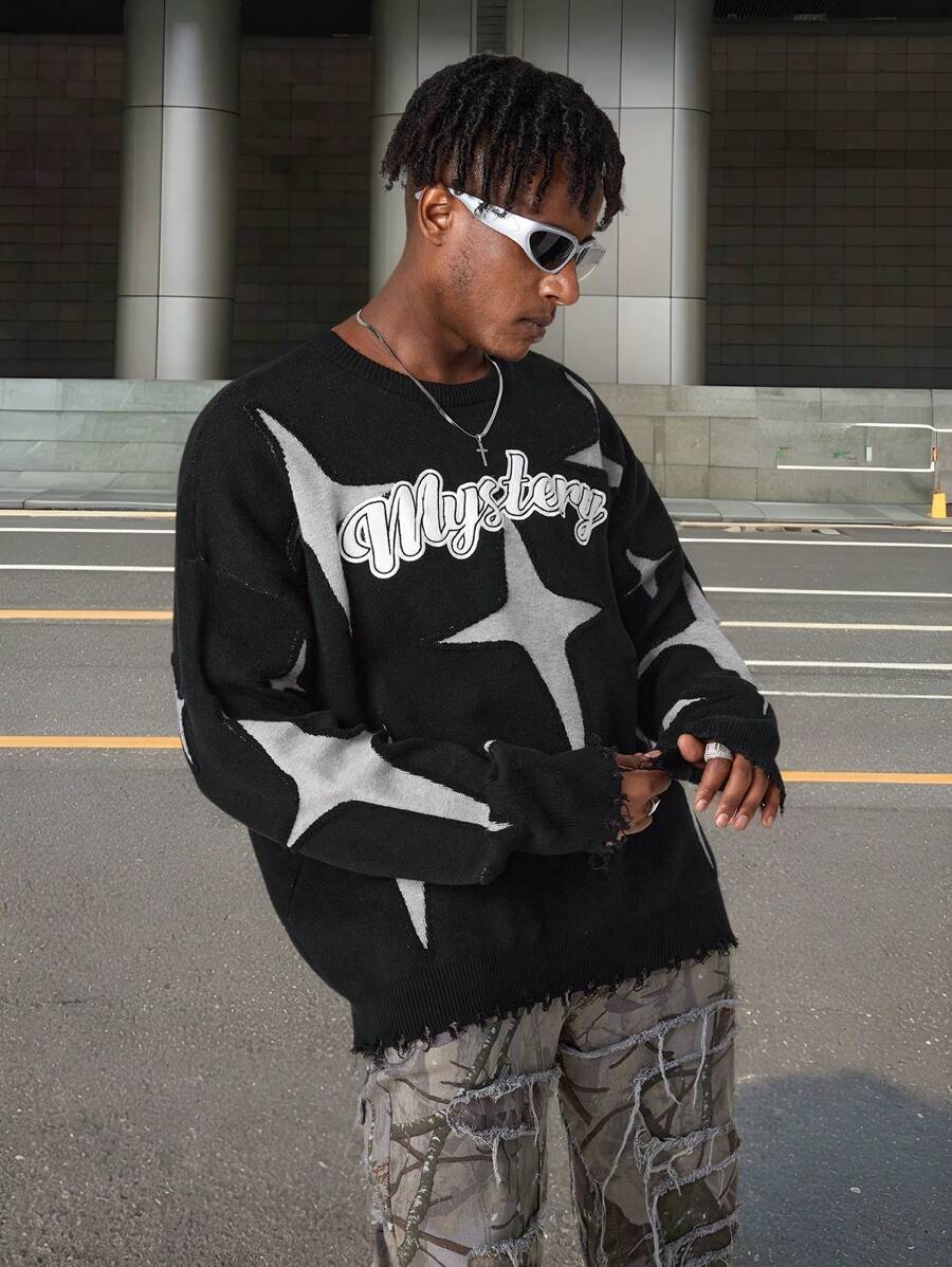 Manfinity EMRG Gebreide herensweater met letter- en sterrenprint, ronde hals en lange mouwen