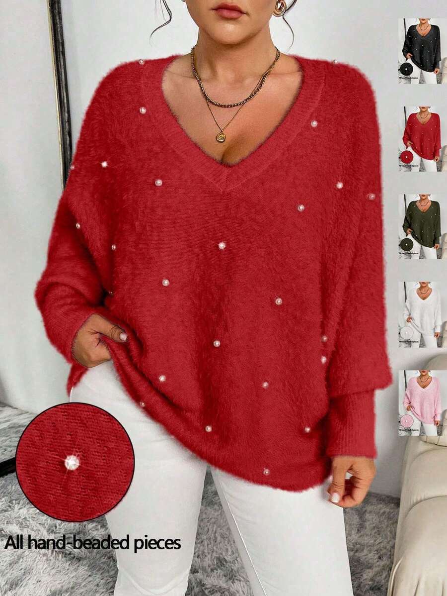 Celure Plus Size Women Loose Batwing Sleeve Beaded Knitted Sweater, Casual Pullover For Autumn & Winter