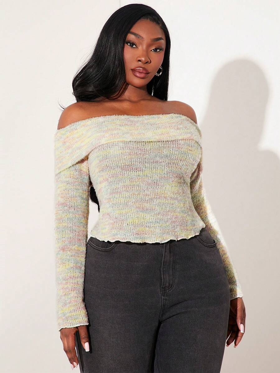 SHEIN SXY Blusa de manga larga ajustada con hombros descubiertos, de punto suave a rayas negras y blancas, con decoración de lentejuelas, apropiada para noches de citas, cumpleaños, despedidas de soltera y otros usos casuales y de salida, que realza la figura, en talla grande para mujeres, para primavera/verano