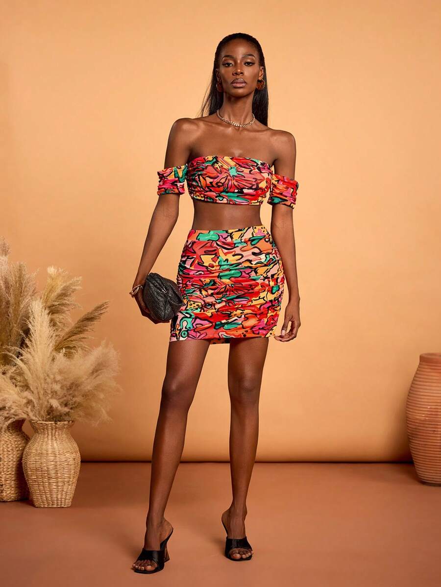 Sylvia Mollie Designer Boho Bohemian Women's Multicolor Spring Summer Colorful Floral Print Ruffled Cropped Bandeau Off Shoulder Top Holiday Party, Vacation, Going Out, Festival, Ibiza Fits