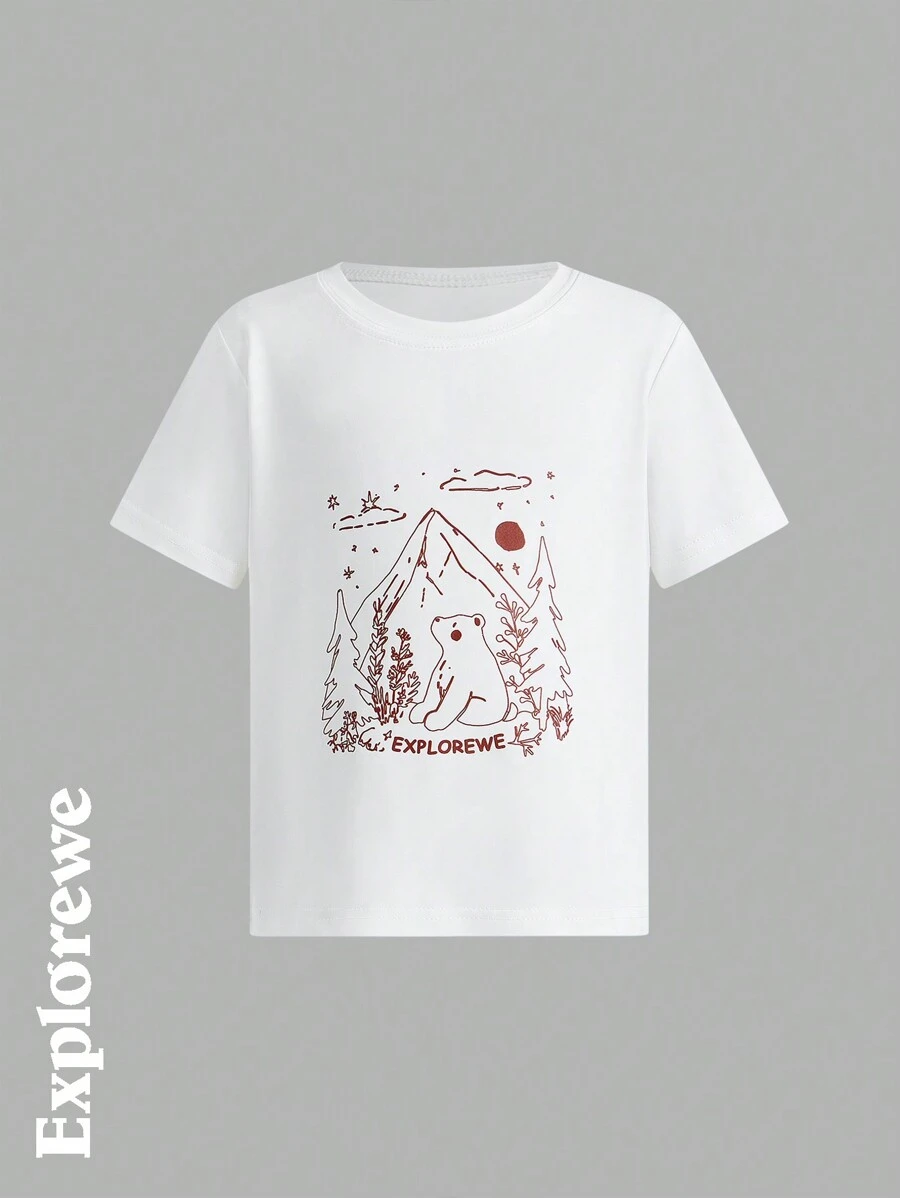 SHEIN T-shirt de sport à manches courtes pour jeune fille avec imprimé graphique blanc pour une utilisation extérieure