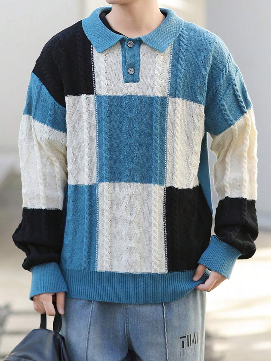Manfinity Sporsity Men's Front Button Long Sleeve Plaid Casual Sweater, Everyday Wear