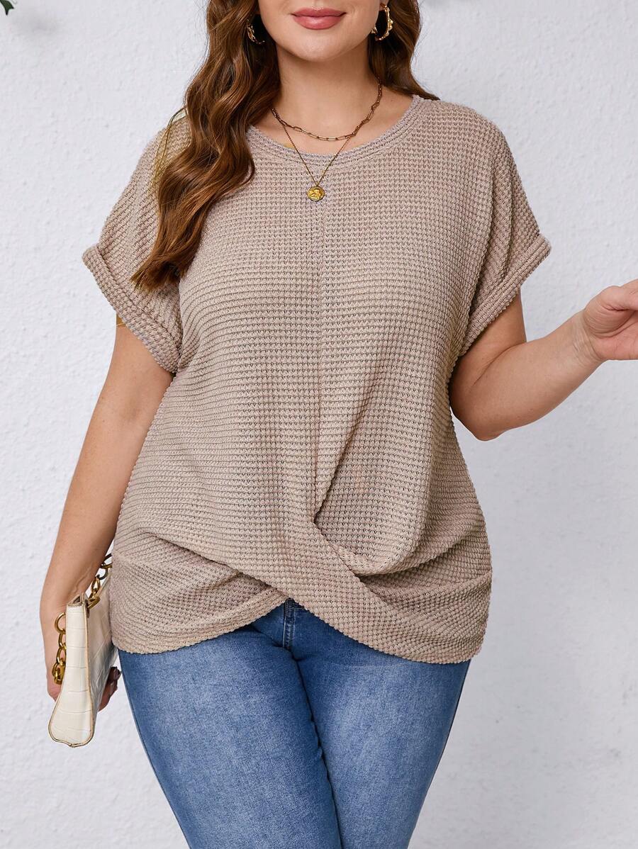 SHEIN Clasi Women Plus Size Summer Solid Color Crew Neck Batwing Sleeve Knot Hem Waffle Casual T-Shirt