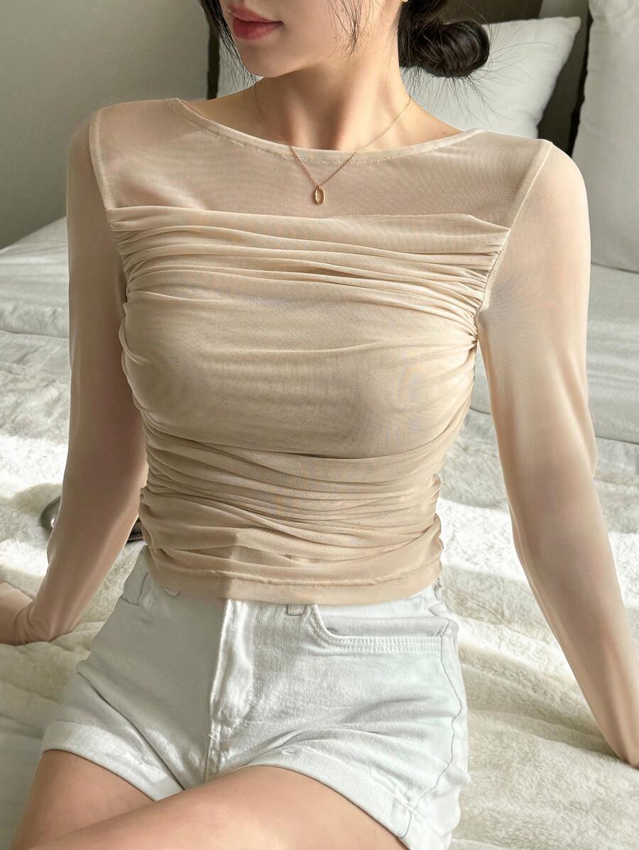 DAZY Valentine's Day Layered Ruched Mesh Women T-Shirt