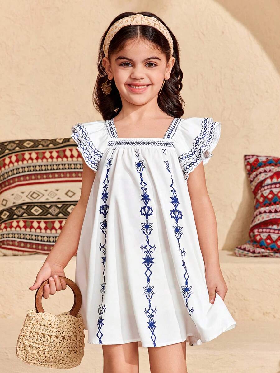SHEIN Vestido casual de vacaciones con estampado floral y mangas con volantes para niñas jóvenes