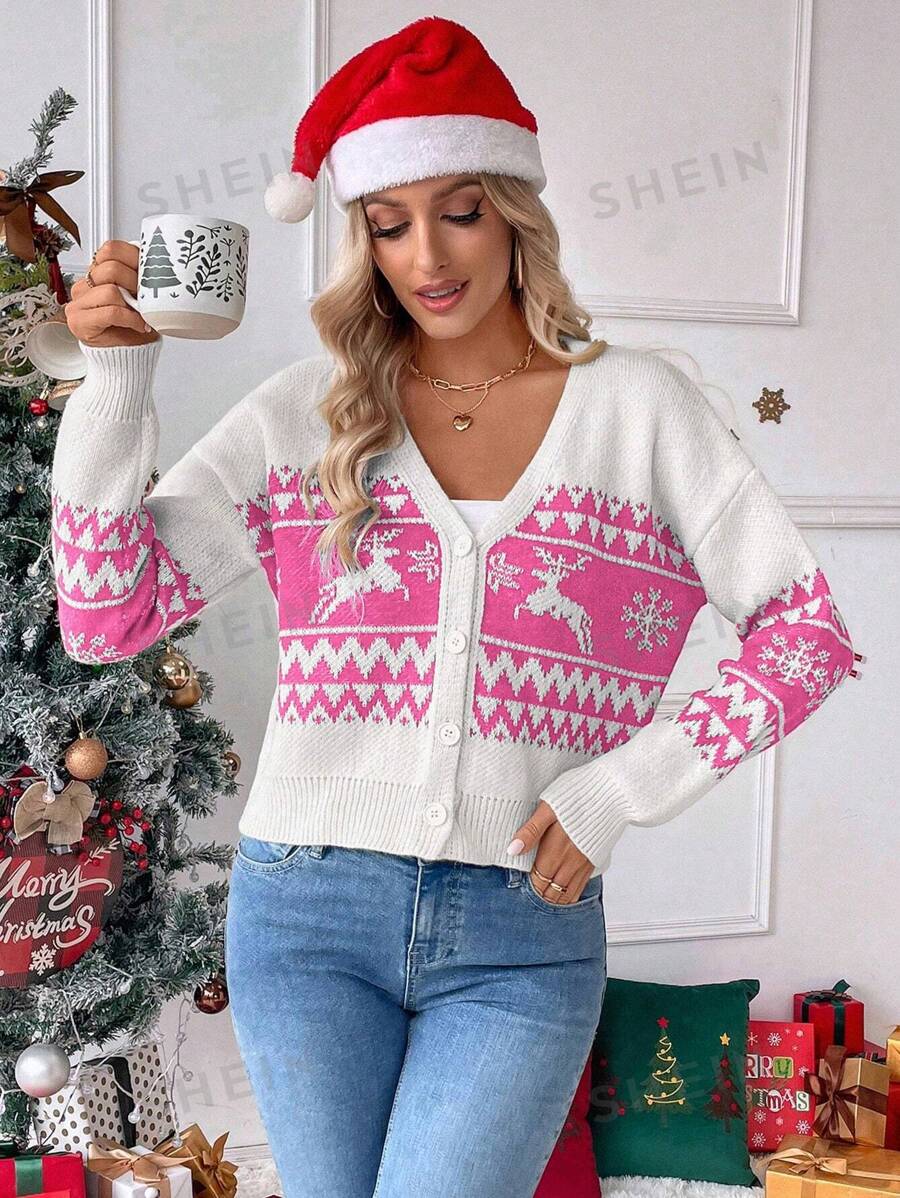 Chiquease Suéter de Cardigan de Manga Larga con Cuello en V y Hombros Caídos, de Punto con Diseño de Renos Navideños