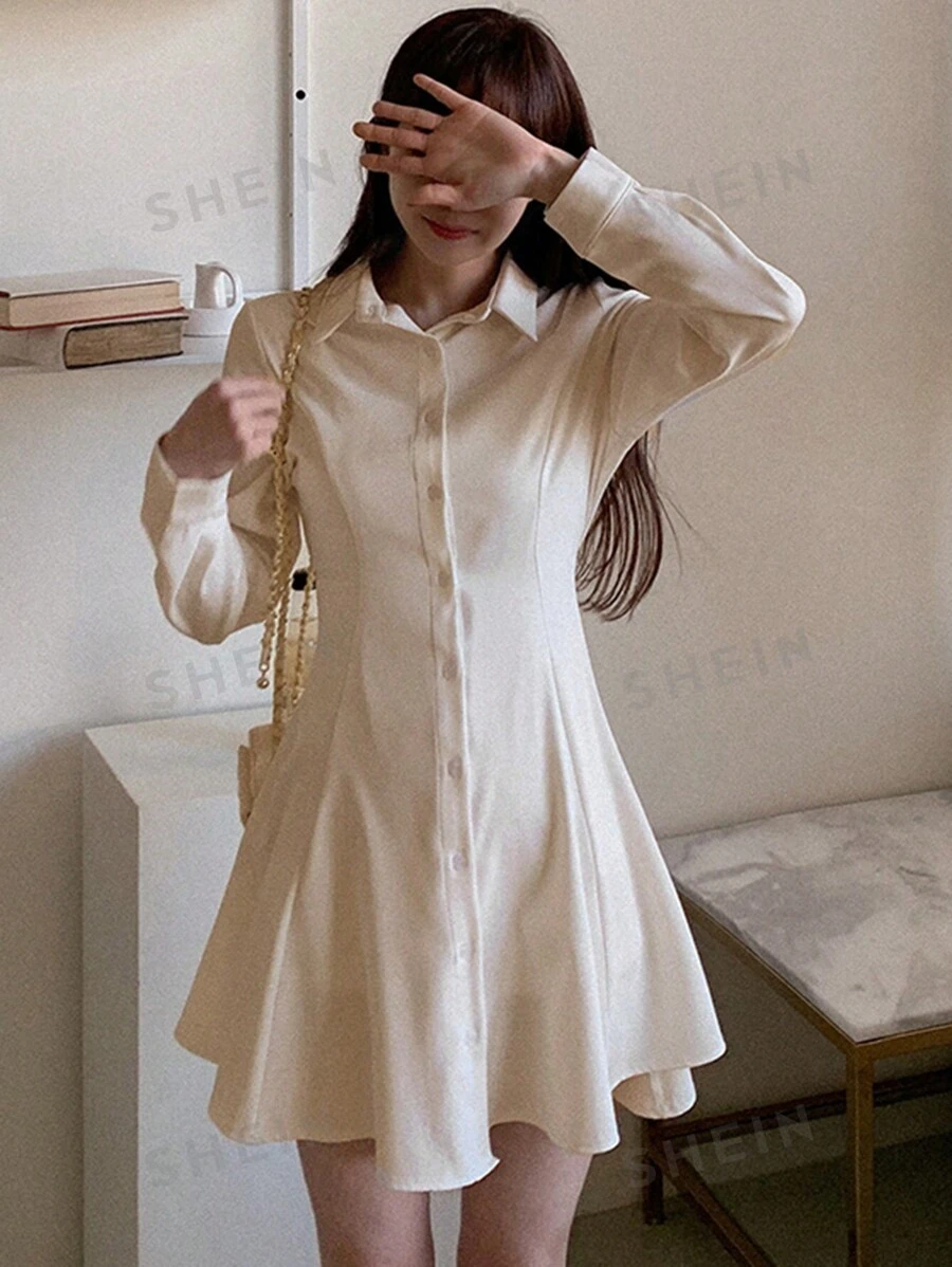 DAZY Vestido corto de mujer con cuello, abotonado al frente y cintura ceñida, color blanco, vestido drapeado para primavera/verano/otoño, vestido de graduación blanco, vestido de estilo de lechera, vestido camisa