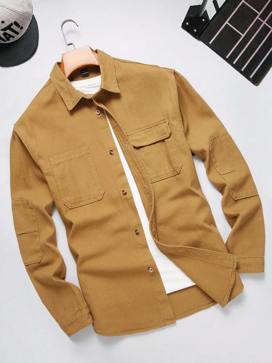 Manfinity EMRG Men's Solid Color Front Button Long Sleeve Pocket Casual Loose Denim Shirt