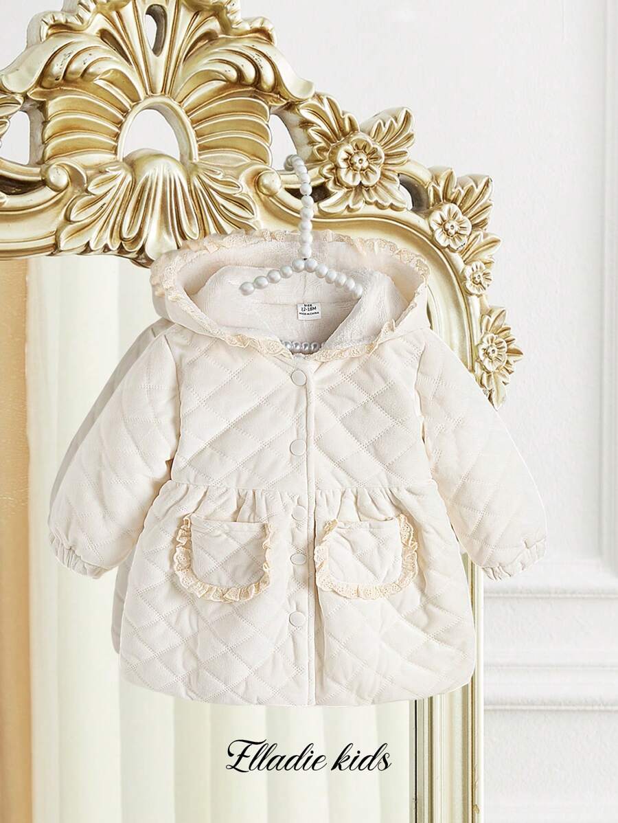 SHEIN Toddler Girls Lace Hooded Pocket Waist Windbreaker, Thick And Warm, Fashion Cute Unique Outdoor Jacket, Autumn/Winter