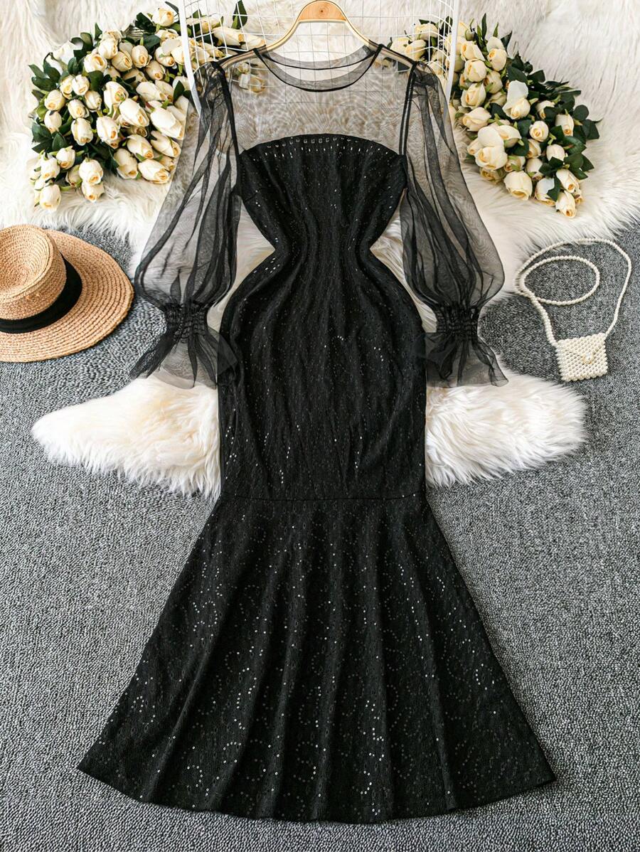 SHEIN LUNE 1pc Women's Elegant Fitted Lace Sheath Dress, Autumn/Winter Maxi Embroidery Women Outfit