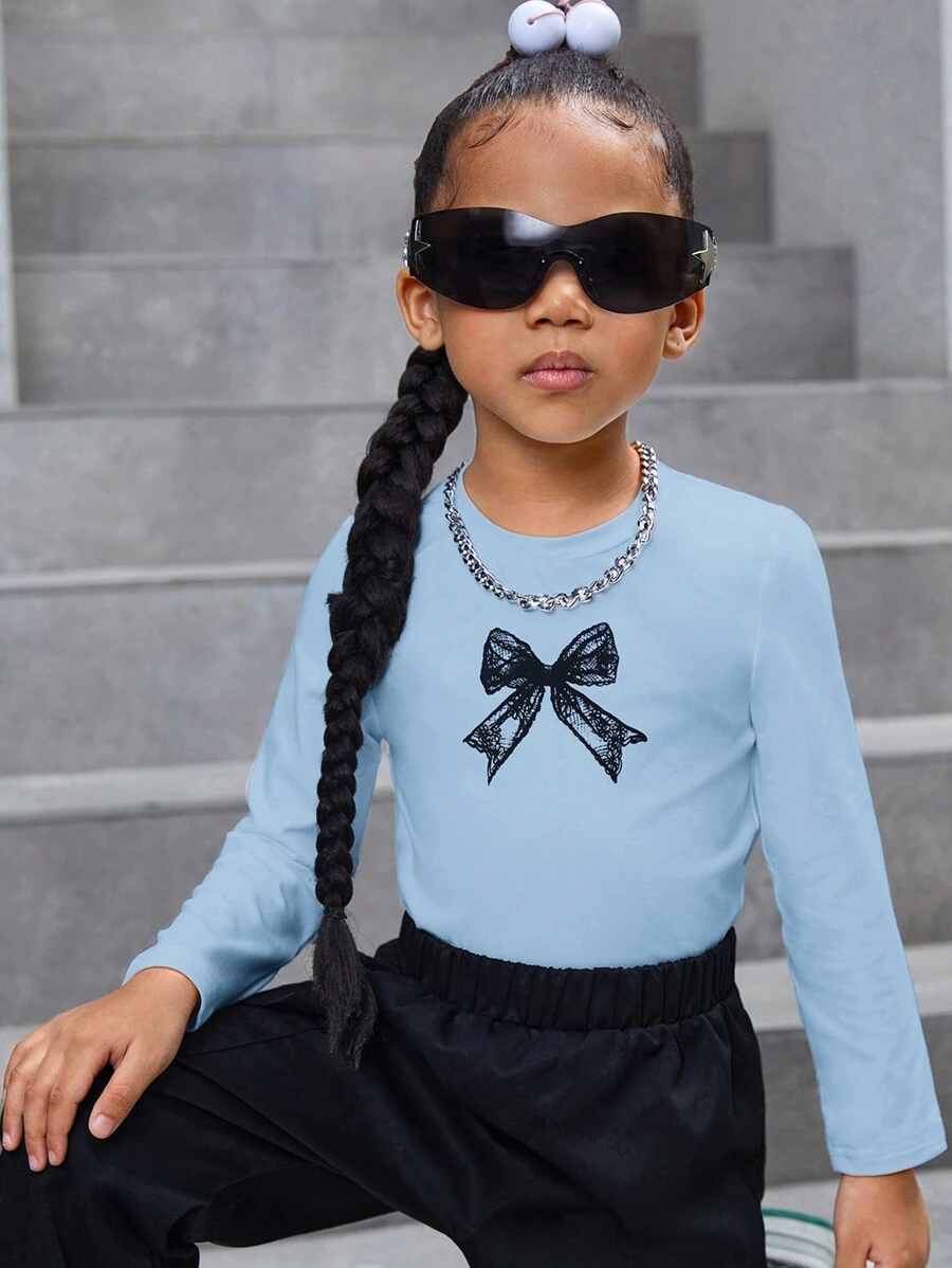 SHEIN Kleine Mädchen einfarbiges Shirt mit Schleifenmuster, rundem Ausschnitt und enger Passform, lässiger Stil