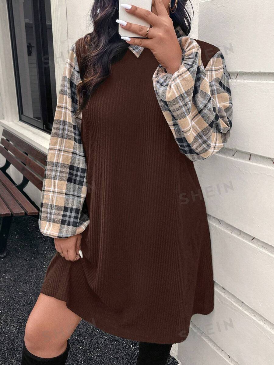 SHEIN LUNE Vestido casual suelto de talla grande con mangas de linterna, parche de estampado de leopardo y costillas para mujer, vestido de fiesta de vacaciones de otoño, vestido de talla grande