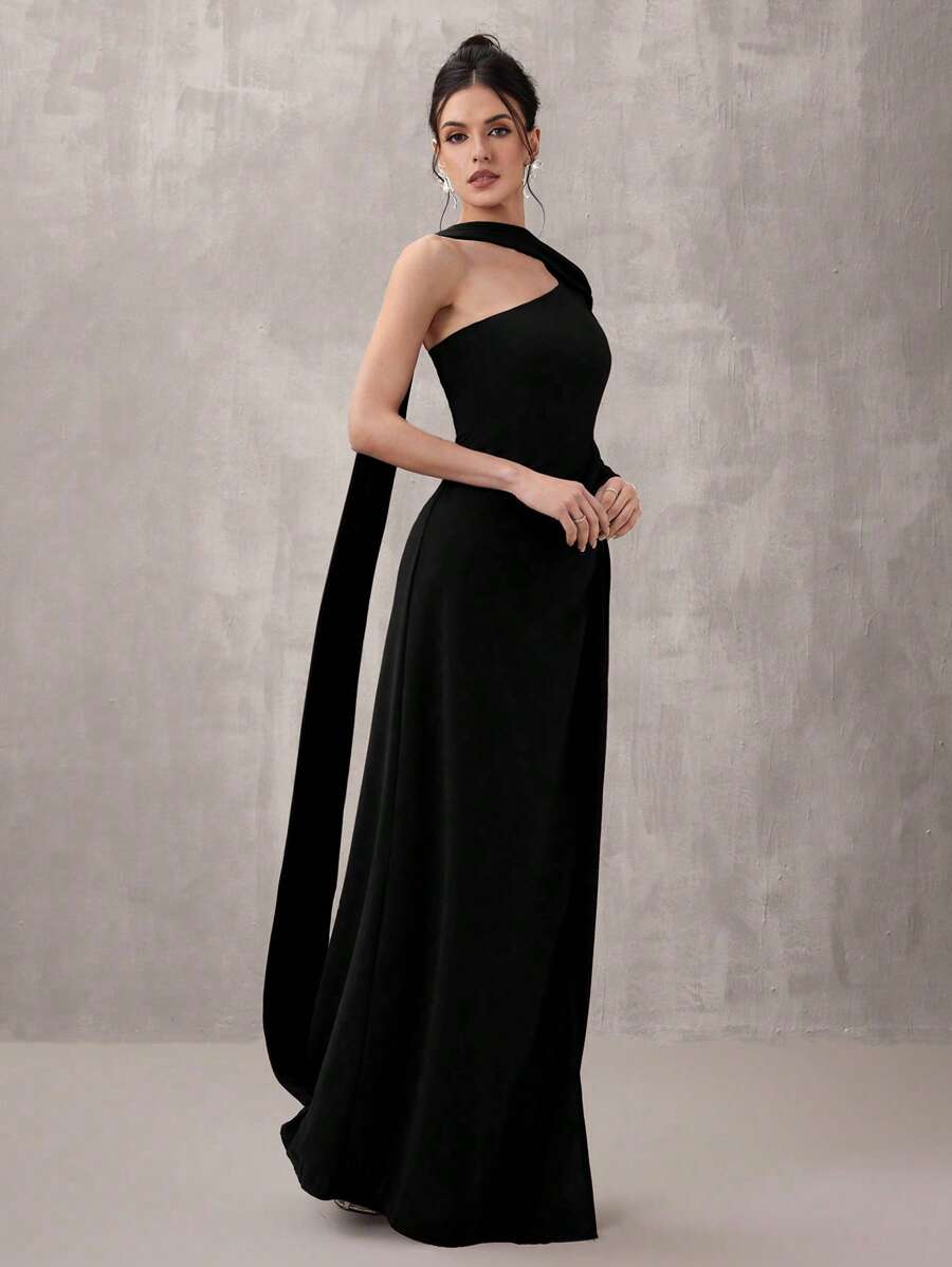 SHEIN Belle Women's Solid Color Asymmetrical Neck Long Sleeve Maxi Elegant Evening Gown, Black Formal Dress, Wedding Guest Dress, Party Dress