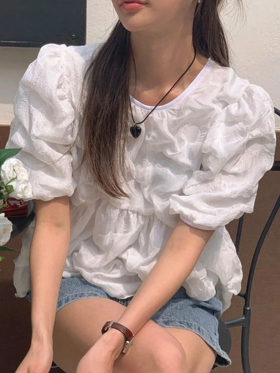 DAZY Women's Round Neck Puff Sleeve Pullover Short Sleeve Blouse, White, Spring/Summer Cute Tops