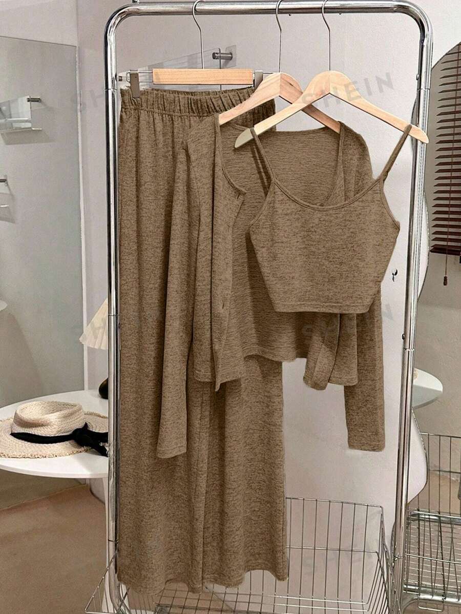 Franclia Conjunto de 3 piezas: Camiseta sin mangas versátil y casual, Cárdigan de manga larga y Pantalones rectos de cintura elástica, para mujer en color albaricoque, para otoño/invierno
