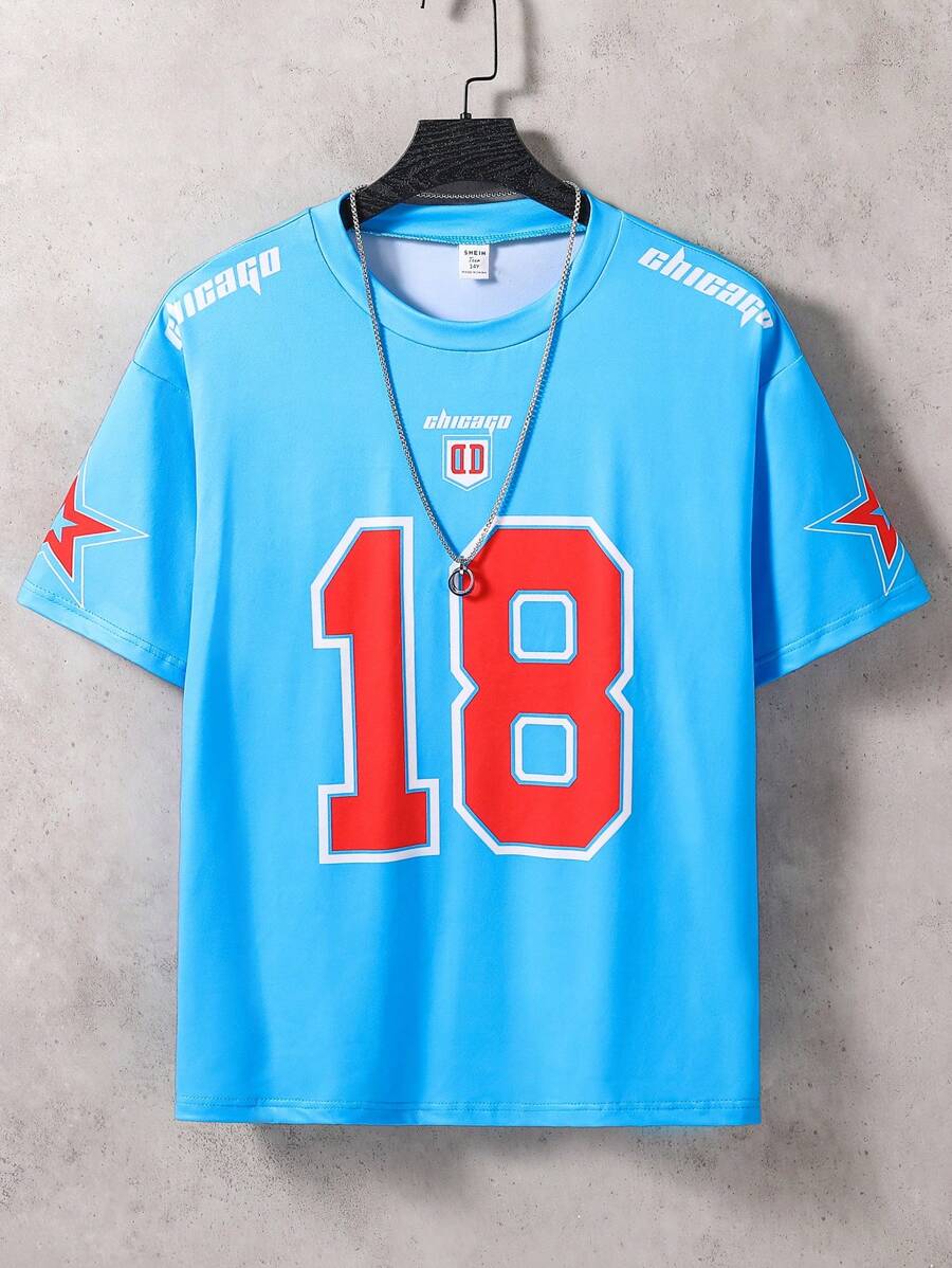 SHEIN Camiseta de manga corta con estampado numérico de estilo deportivo para chicos adolescentes