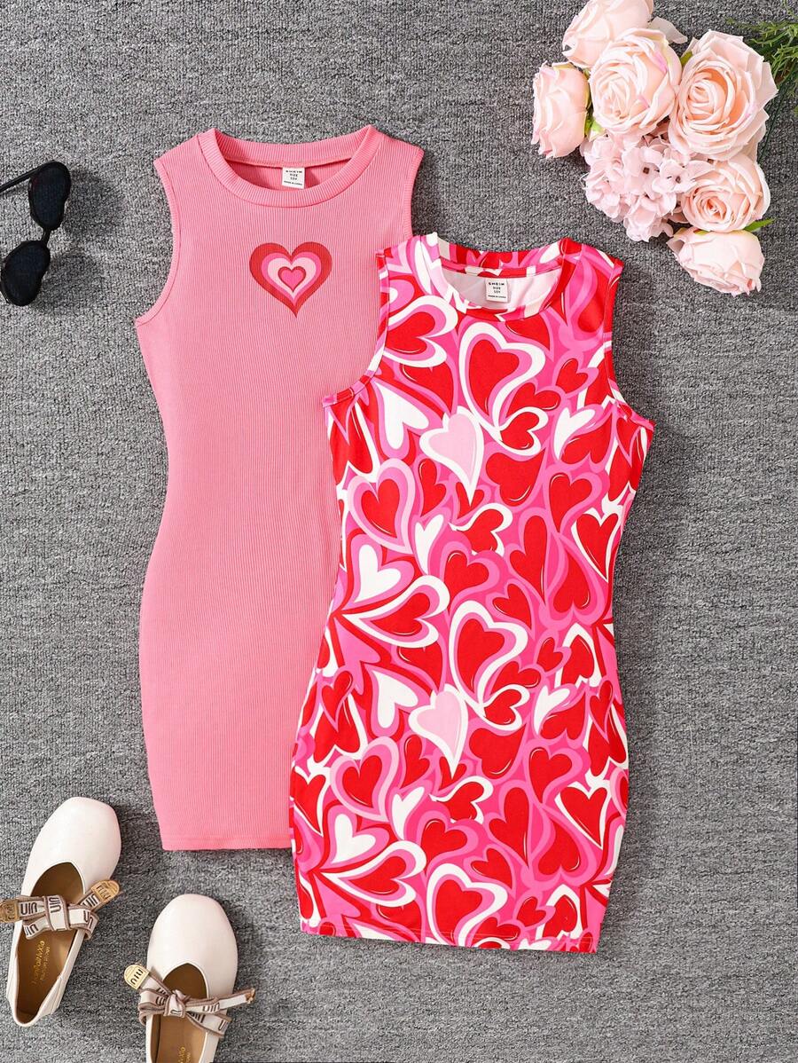 Tween Girl 2pcs Knit Round Neck Sleeveless Sporty Street Casual Heart Print Pink Dress Clothes Set For Valentine's Day