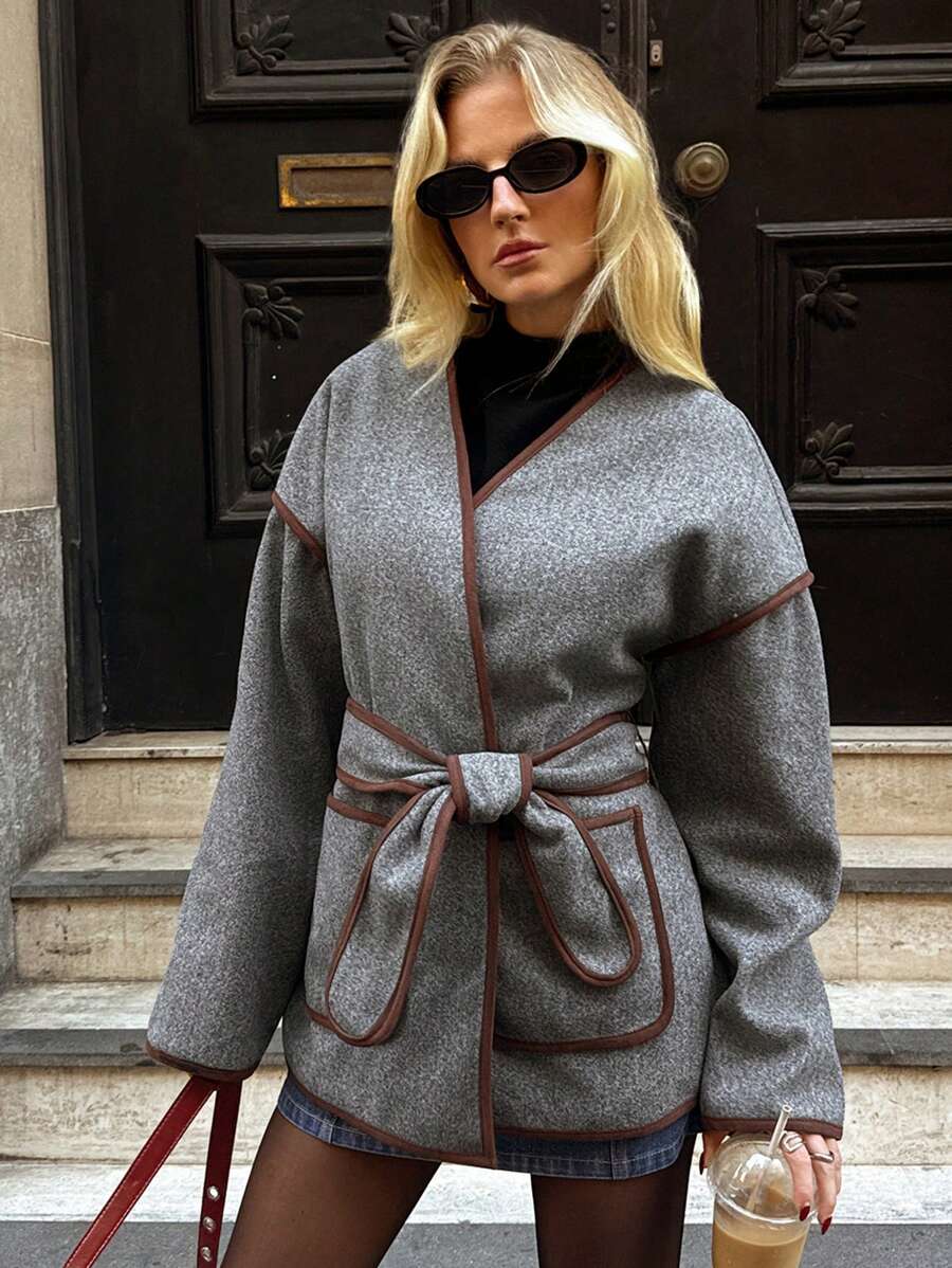 Forever 21 Herfst/Winter Nieuwe Color Block Trim Grijs Enkelzijdig Casual High Street Ins Stijl Warme Modieuze Lange Mouw Jas