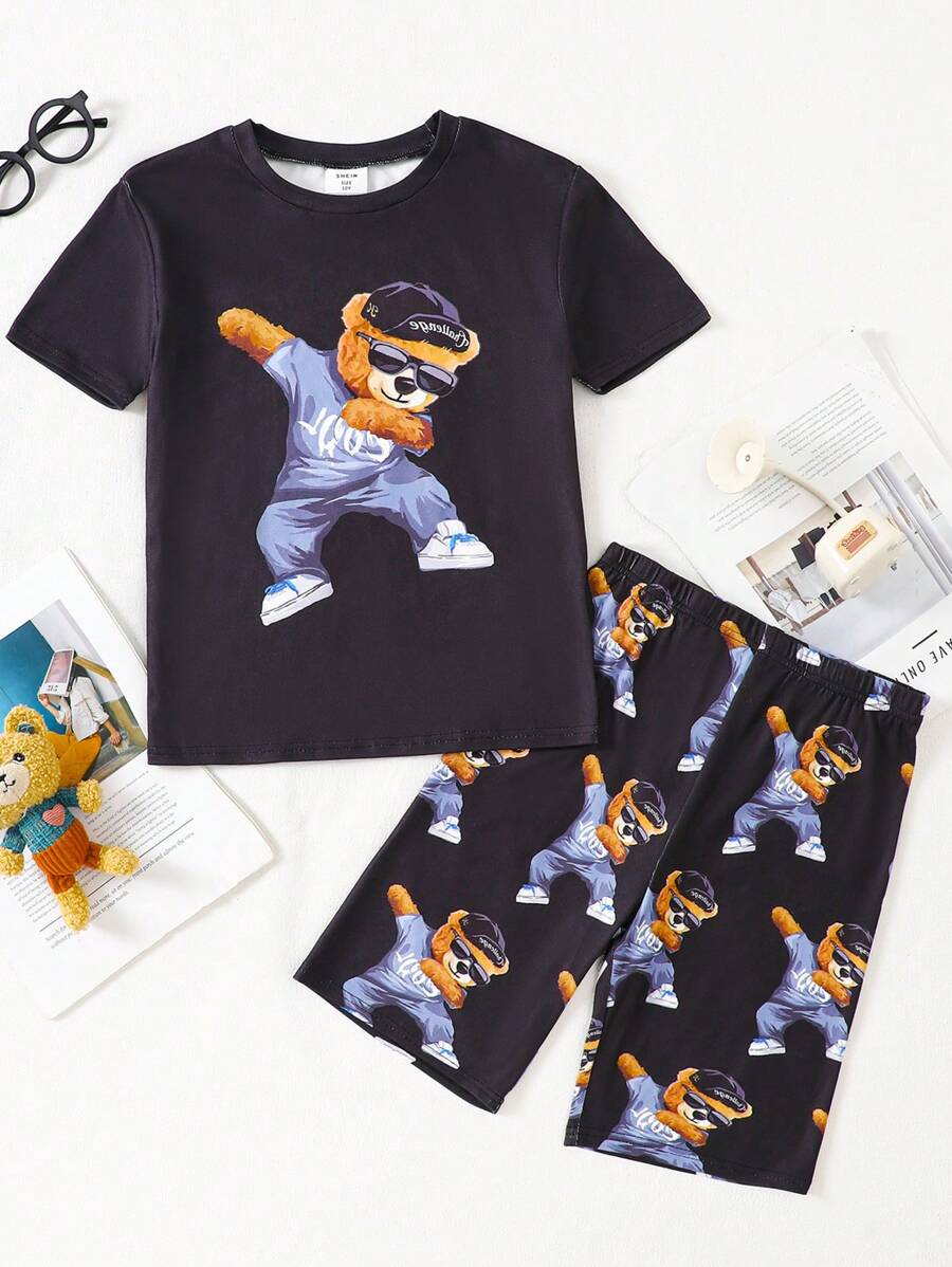 SHEIN Tween Boy Cartoon Bear Print Crew Neck Short Sleeve Shorts Casual Comfy Pajama Set, 2pcs