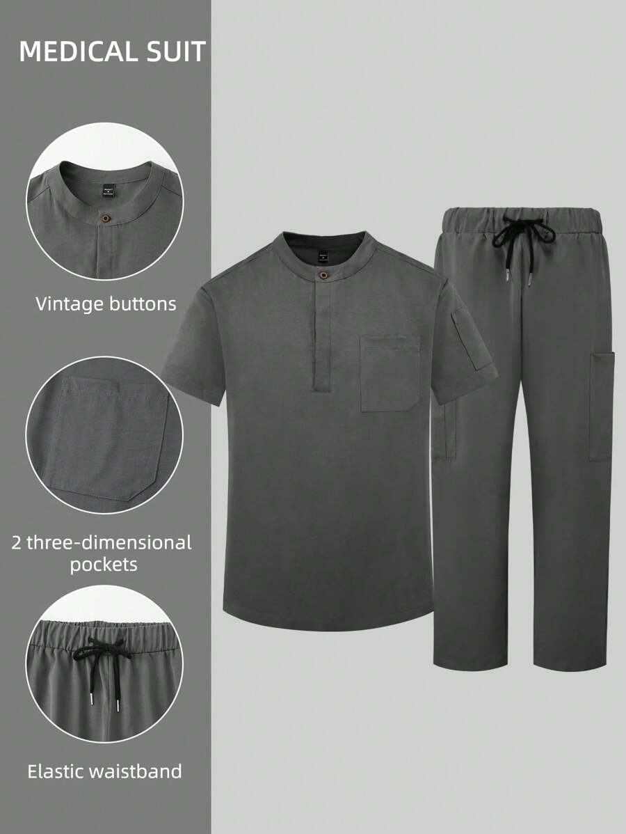 Manfinity Homme Set de 2 piezas de uniforme médico con camisa de manga corta de botones delanteros de unicolor con bolsillo y pantalón largo para hombres