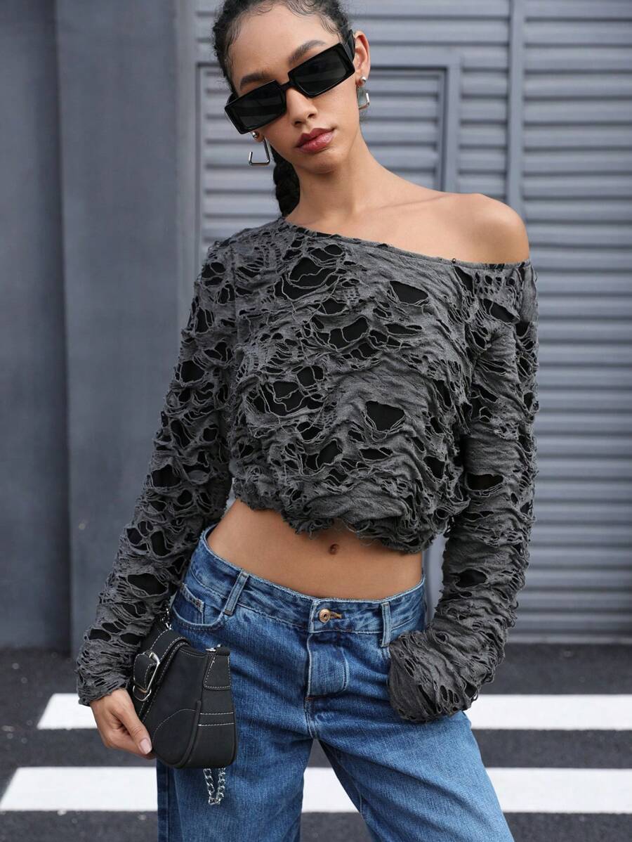 Aveloria Affinna Camiseta holgada de manga larga para mujer con diseño desgastado, estilo retro grunge, apta para el Día de San Valentín, primavera