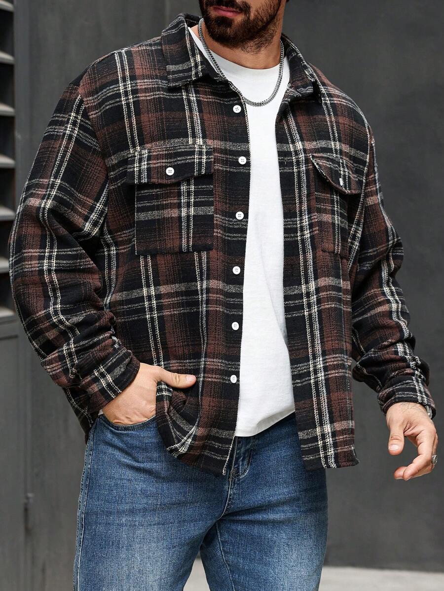 Manfinity Homme Plus Size Men's Autumn Long Sleeve Single Breasted Utility Pocket Casual Shacket