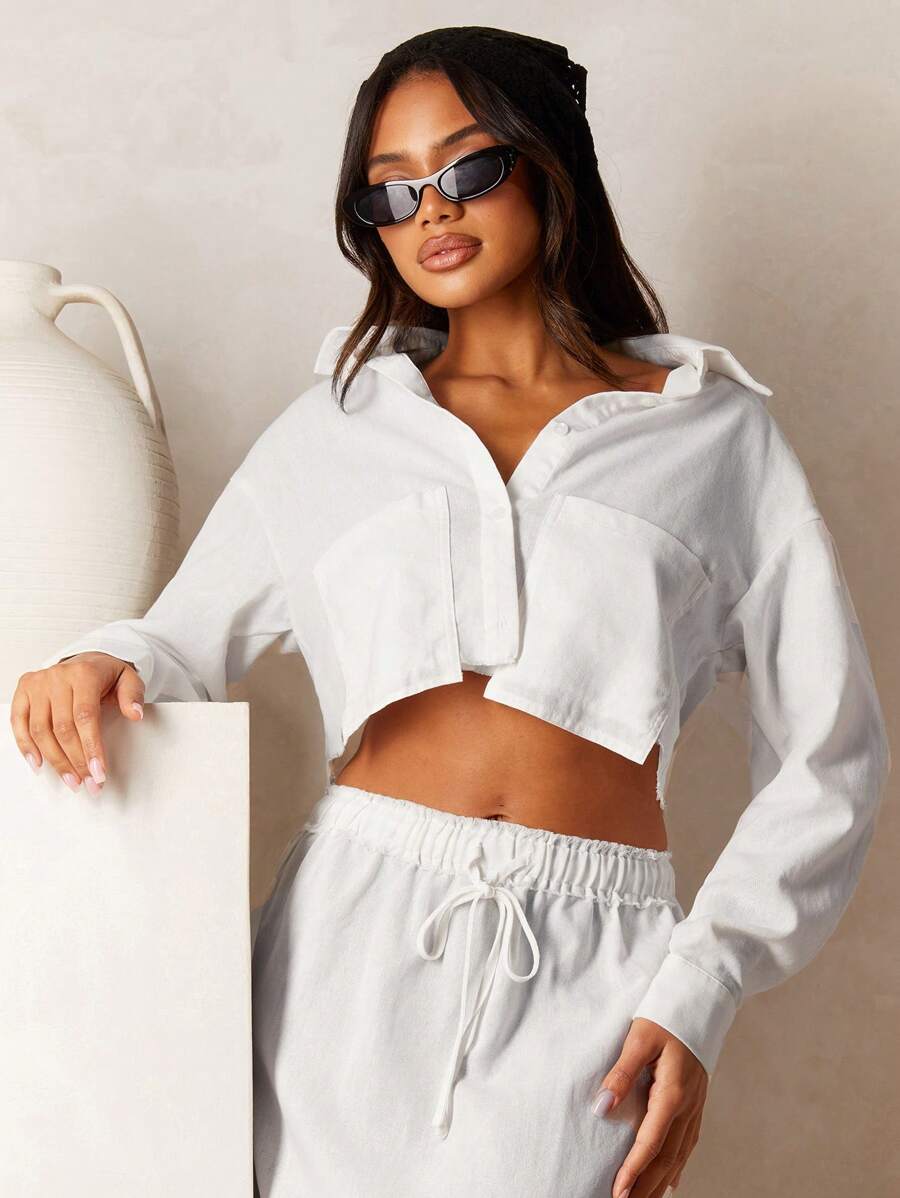 Athîral 2pcs/Set Women White Linen Look Crop Shirt And Tie Waist Maxi Skirt Set