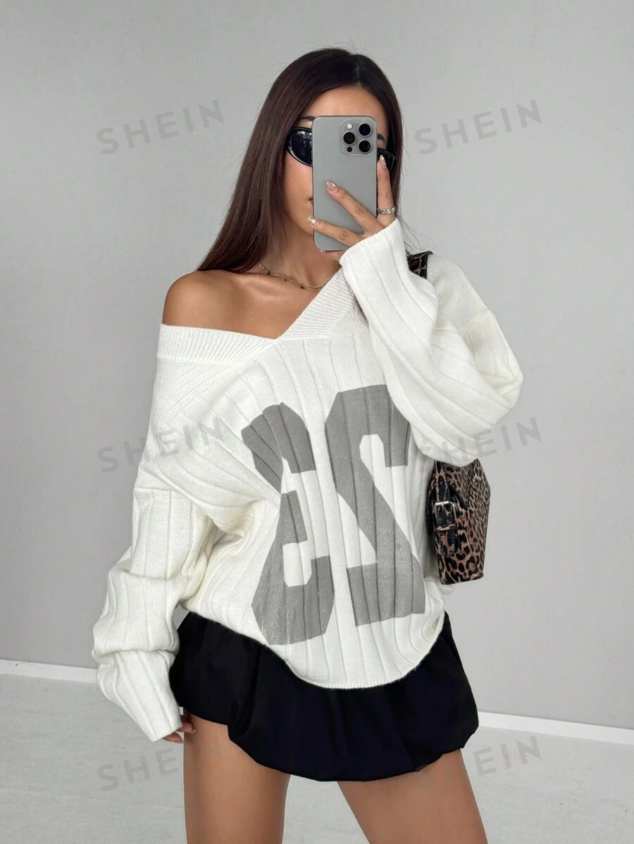 Flirla Suéter holgado de manga larga con detalles de estampado digital, estilo deportivo casual para mujer
