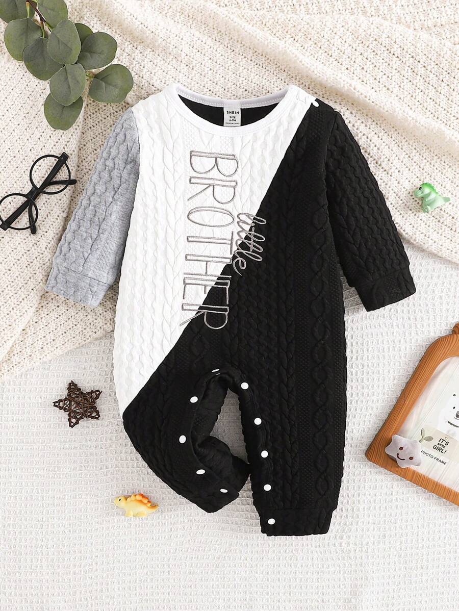 Pelele de manga larga con textura bordada "Little Brother" de bloques de color para bebés niños, lindo y casual para otoño/invierno