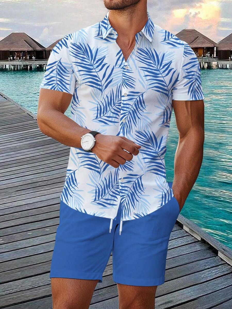 Manfinity RSRT Men's Hawaiian Shirt Set, Minimalist Fashion Casual Daily Wear