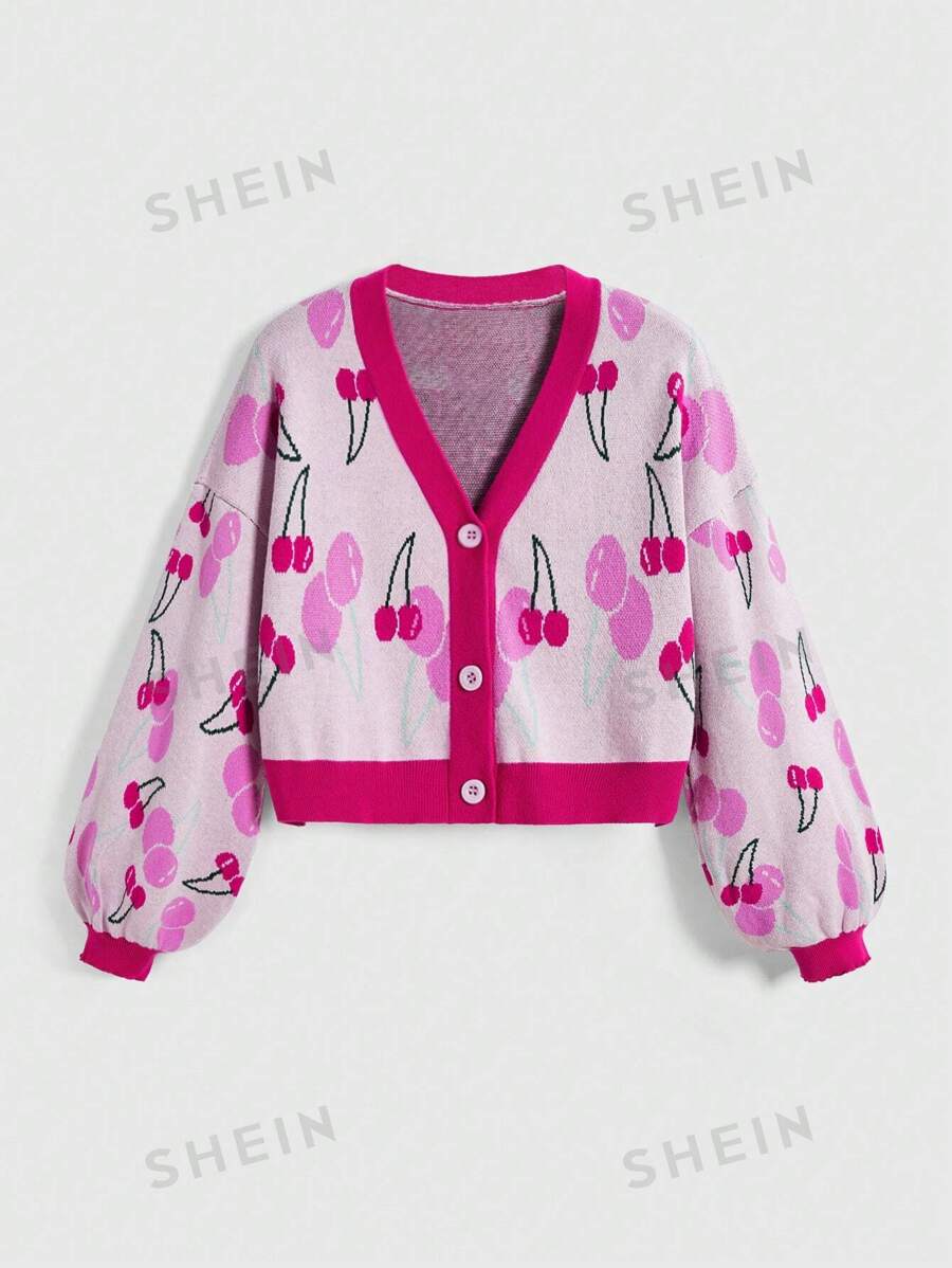 ROMWE Kawaii Cárdigan colorblock ligero con estampado de cerezas lindo y cuello en V casual para mujeres, estilo vintage de San Valentín