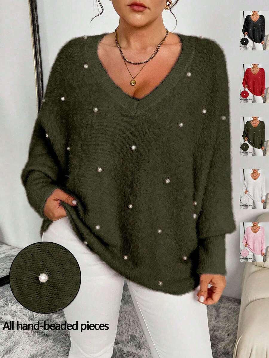 Celure Plus Size Women's Embellished Batwing Sleeve Loose Knitted Pullover Sweater, Casual For Autumn/Winter