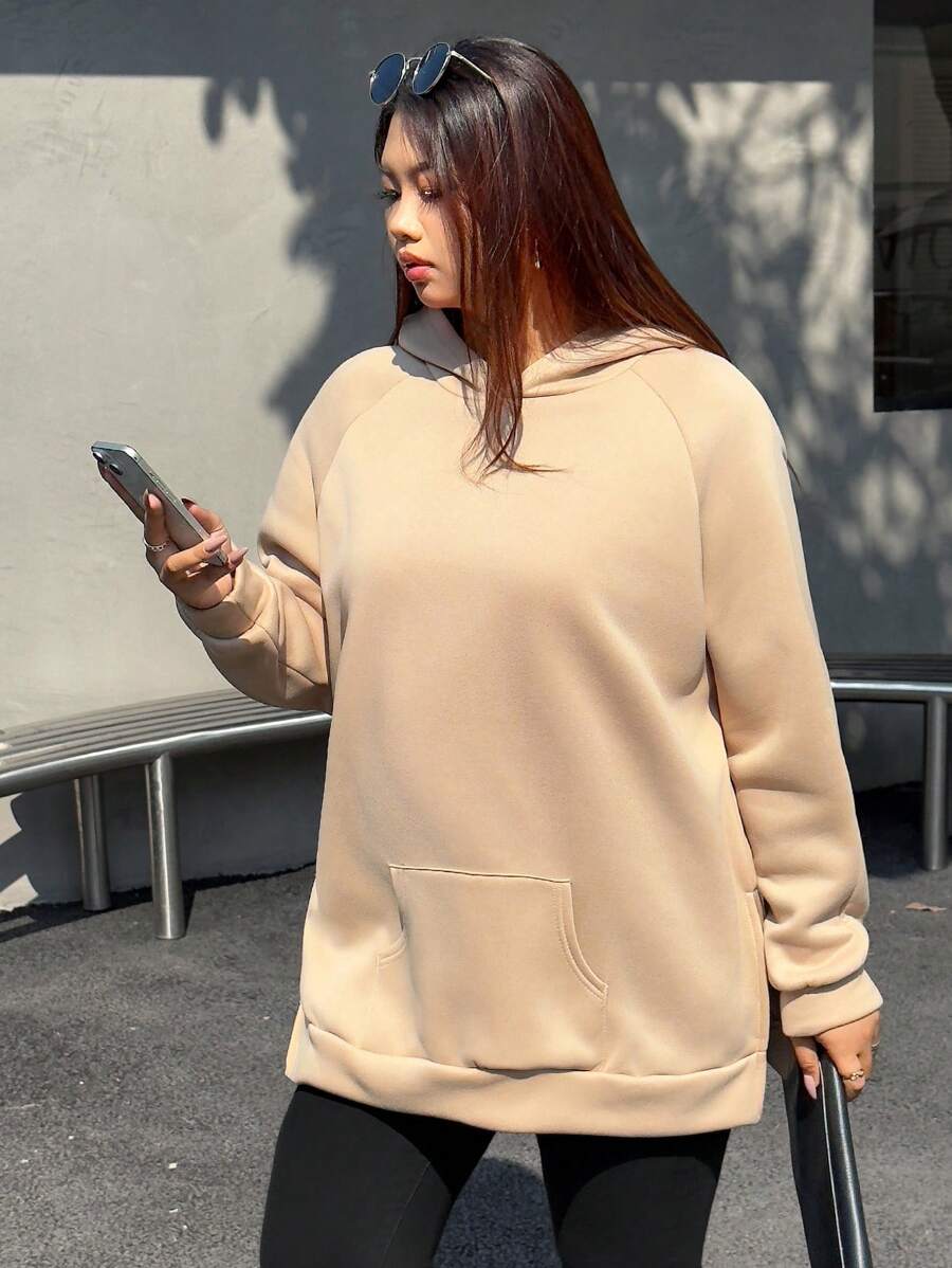 INAWLY Plus Size Hooded Long Sleeve Pocket Solid Color Casual Pullover Sweatshirt