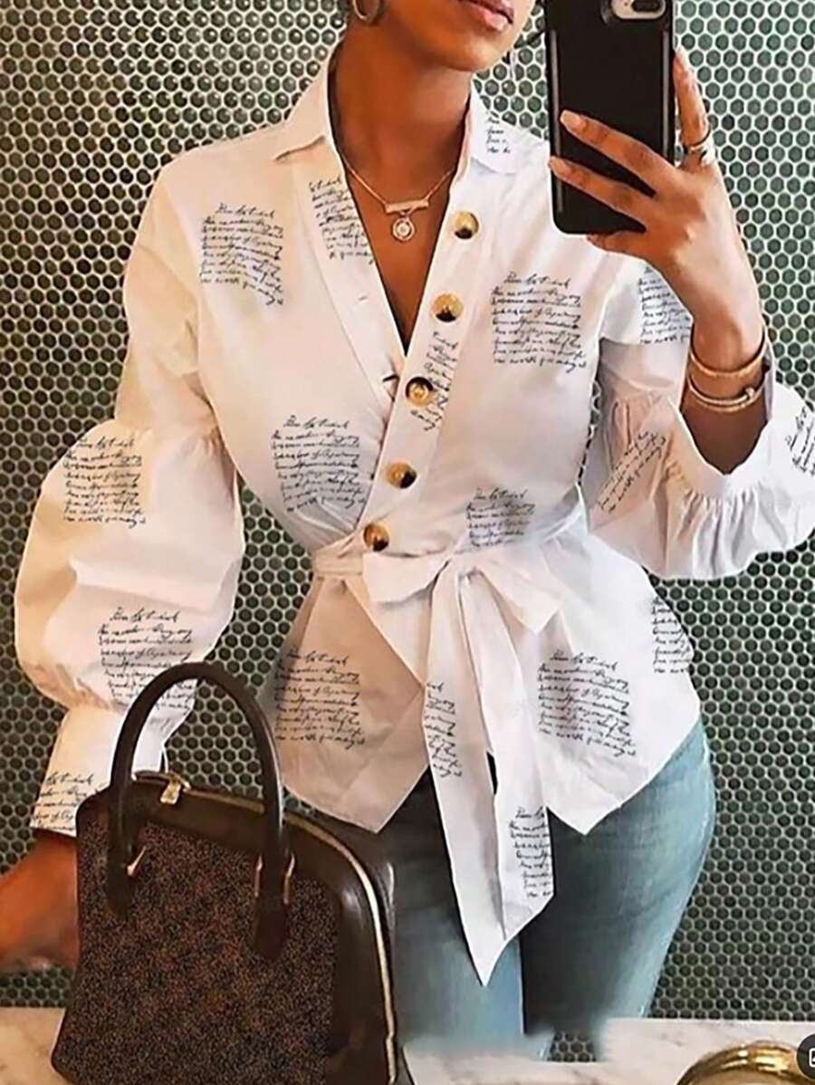 SHEIN Slayr Women Front Button Long Sleeve All Over Print Casual Top, Everyday Wear
