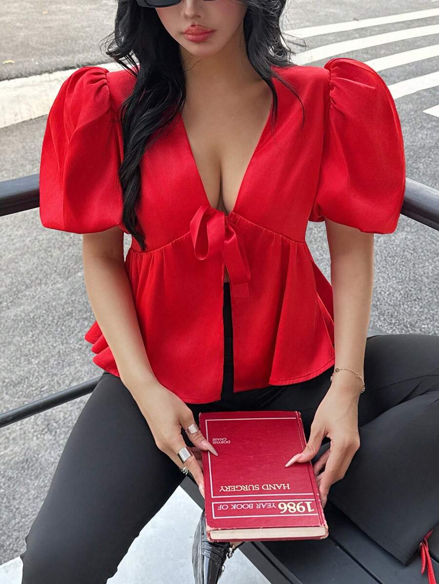 Dames effen kleur gestrikte voorkant pofmouw mode blouse, rode top