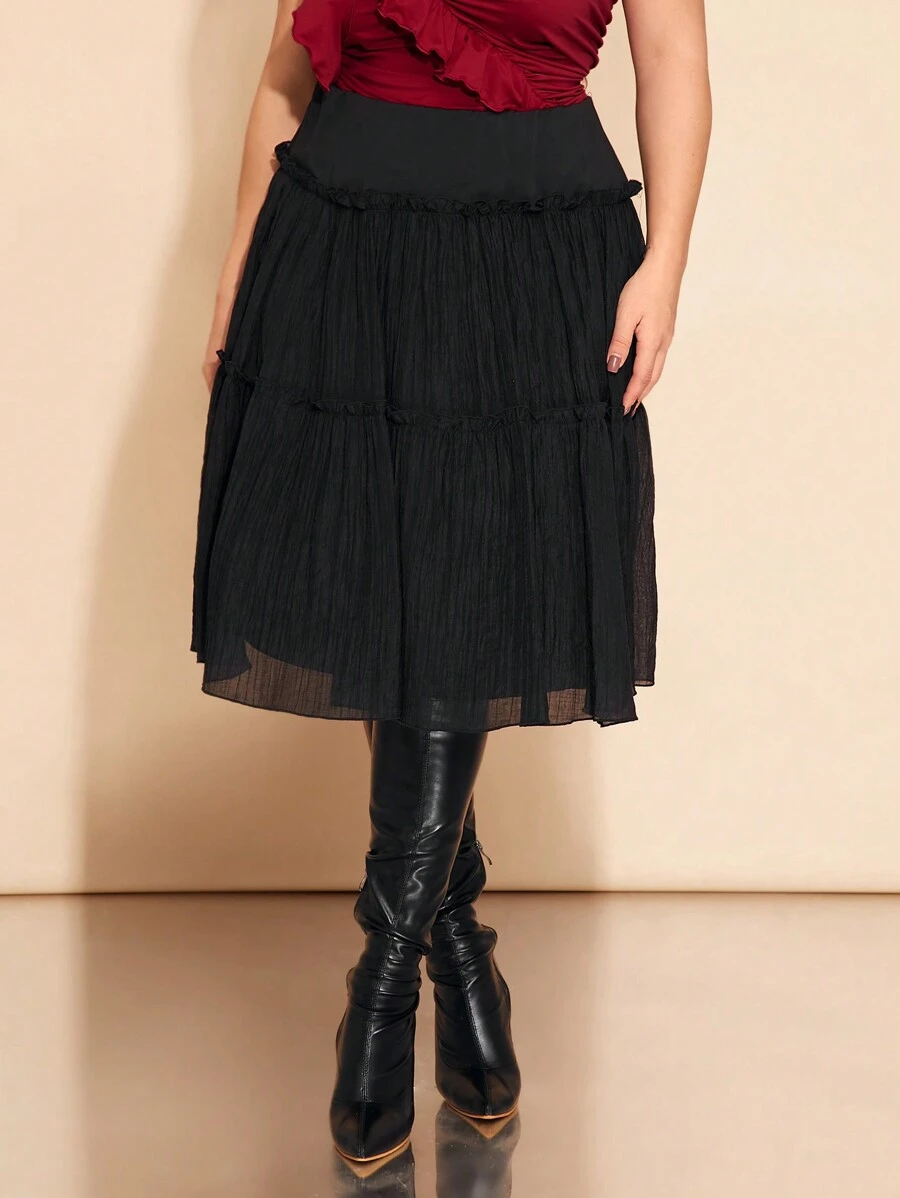 SHEIN BAE Plus Size Women's Black Pleated A-Line Skirt, Suitable For Date, Valentine's Day, Party, Fitted, Plain, Basic Women Clothes, Summer, Tight, Easter, Spring