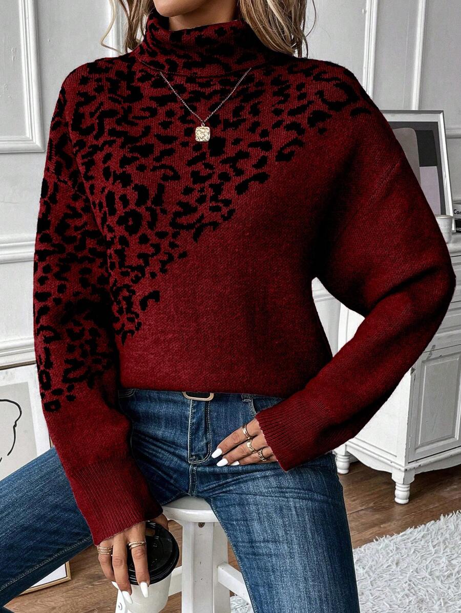 SHEIN LUNE Women Leopard Print Turtleneck Loose Fit Knitted Pullover, Autumn/Winter