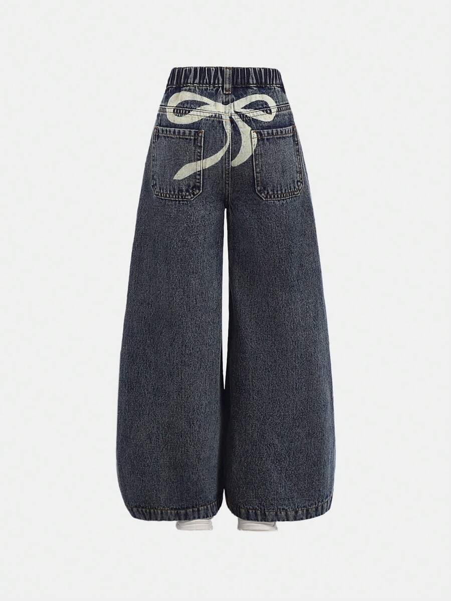 SHEIN Girls' Vintage Blue Denim Wide Leg Pants With Bow Decor