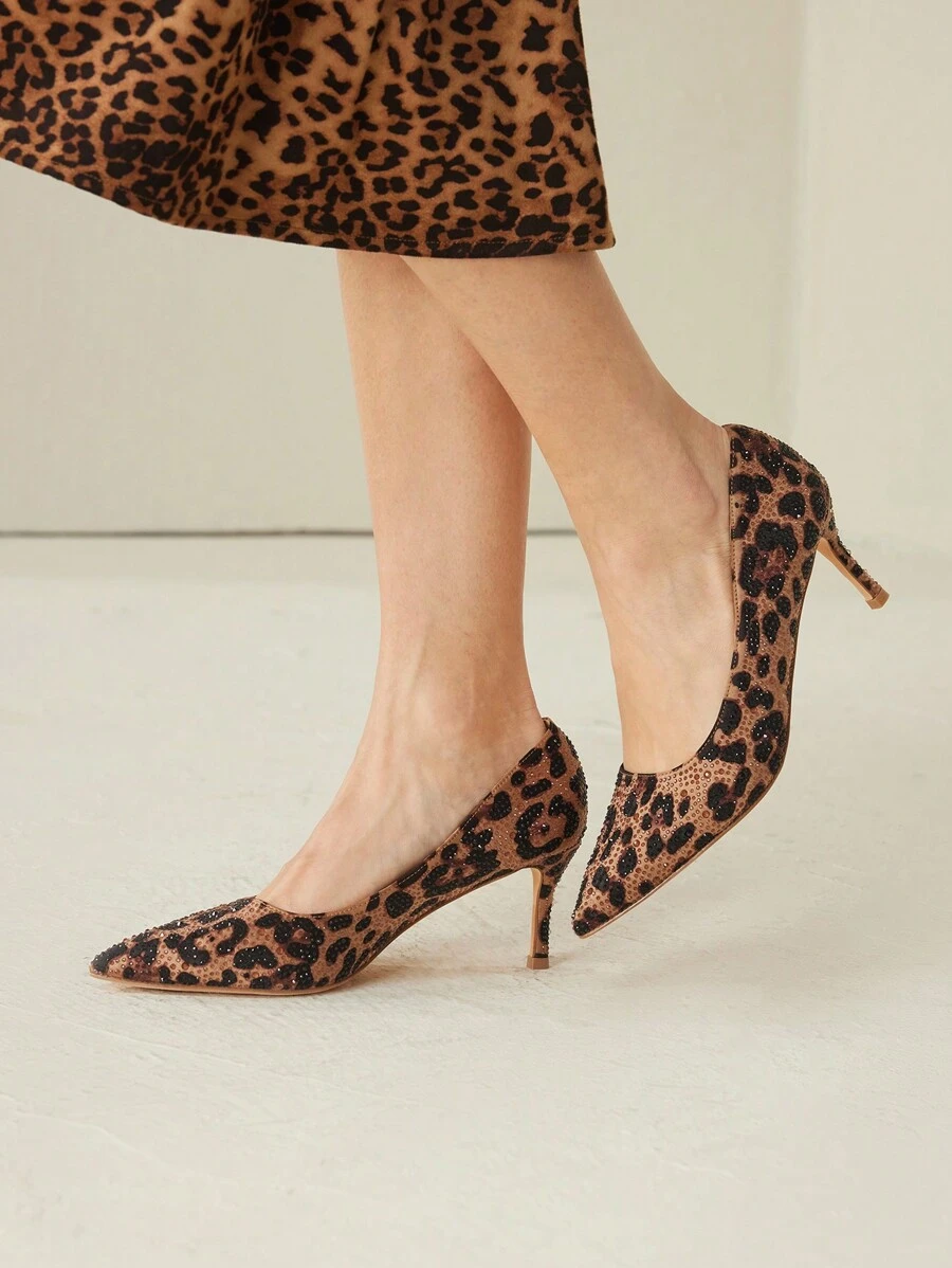 MOTF PREMIUM FASHIONABLE PARTY LEOPARD PRINT RHINESTONE DECORATED WOMEN'S POINTED TOE HIGH HEEL SHOES, VALENTINES