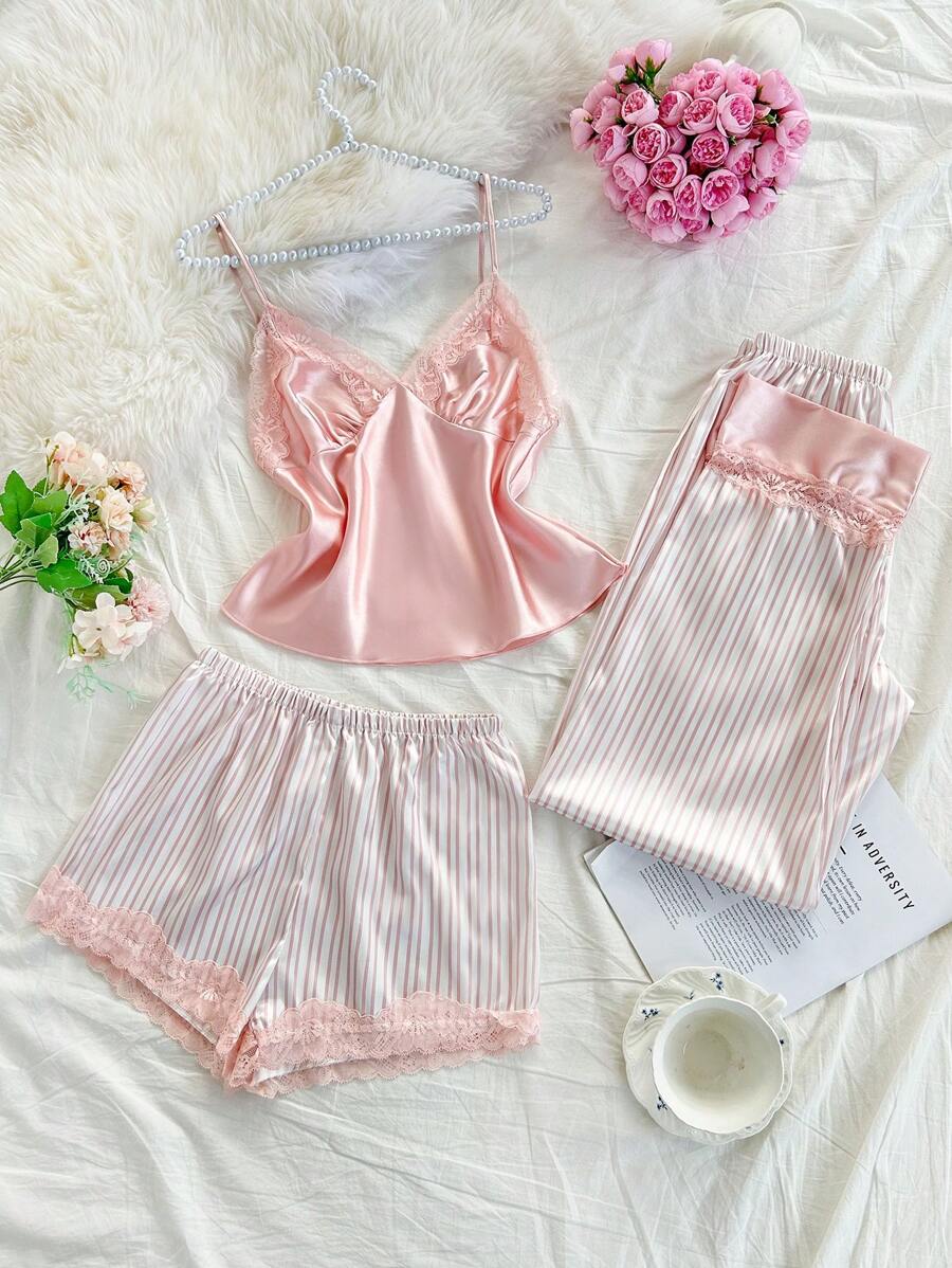 Set de pijama de 3 piezas con top de camisola de satén y pantalones cortos para mujer con adorno de encaje y estampado a rayas, para vacaciones