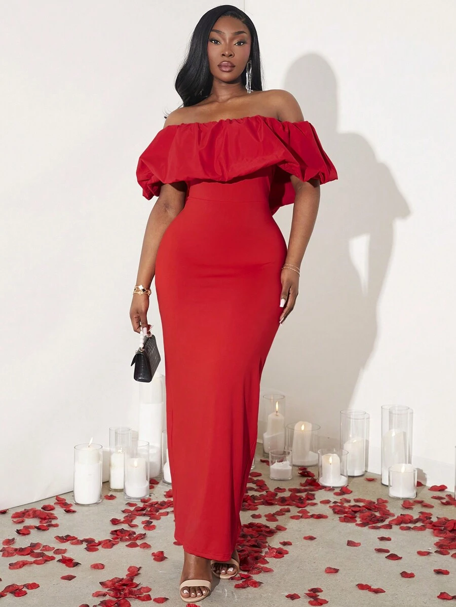 SHEIN SXY Vestido maxi con hombros descubiertos y ajustado para mujer talla grande, nuevo para primavera y verano, con tema de San Valentín en rojo, ideal para bailes, citas, cumpleaños, despedidas de soltera. Es lindo, casual, para ir de compras, salir, y fácil de combinar. Resalta la figura y la estiliza.
