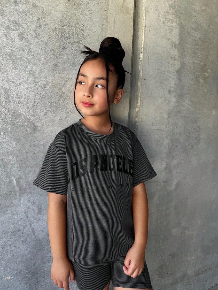 Matching Sister Look Girls Casual All-Match Versatile Sports Streetwear Washed Contrast Ribbed Raglan Tee + Leggings Shorts Set