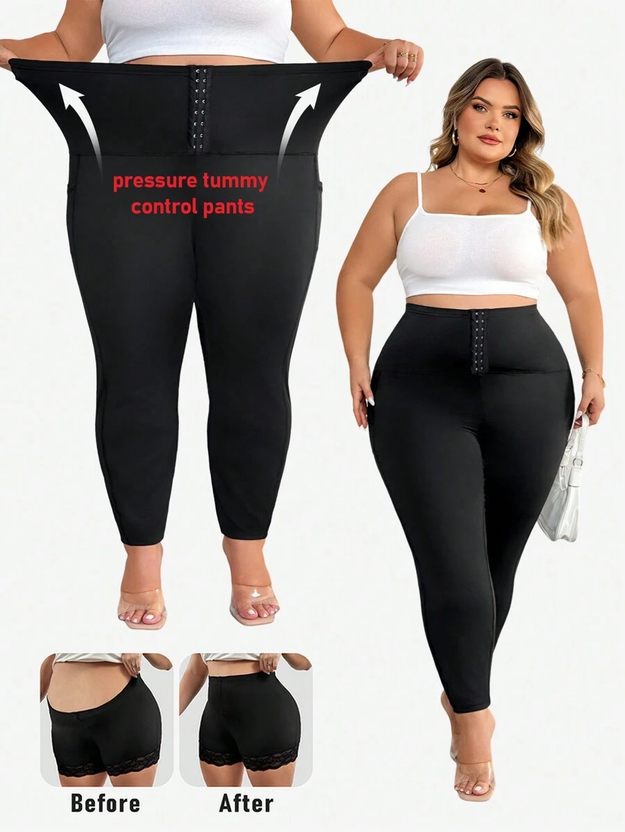 SHEIN CURVE+ Leginsy z dzianiny z wysokim stanem i dużym rozmiarem, eleganckie sportowe, codzienne rajstopy damskie z guzikami z przodu, jesień/zima