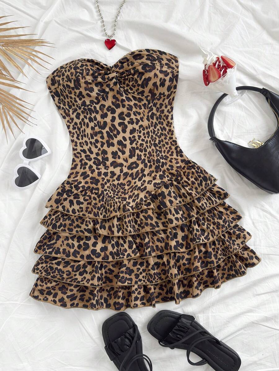 Soleia Women's Holiday Bandeau Twist Vintage Leopard Print Layered Ruffle Hem Cinched Waist Mini Dress, For Parties