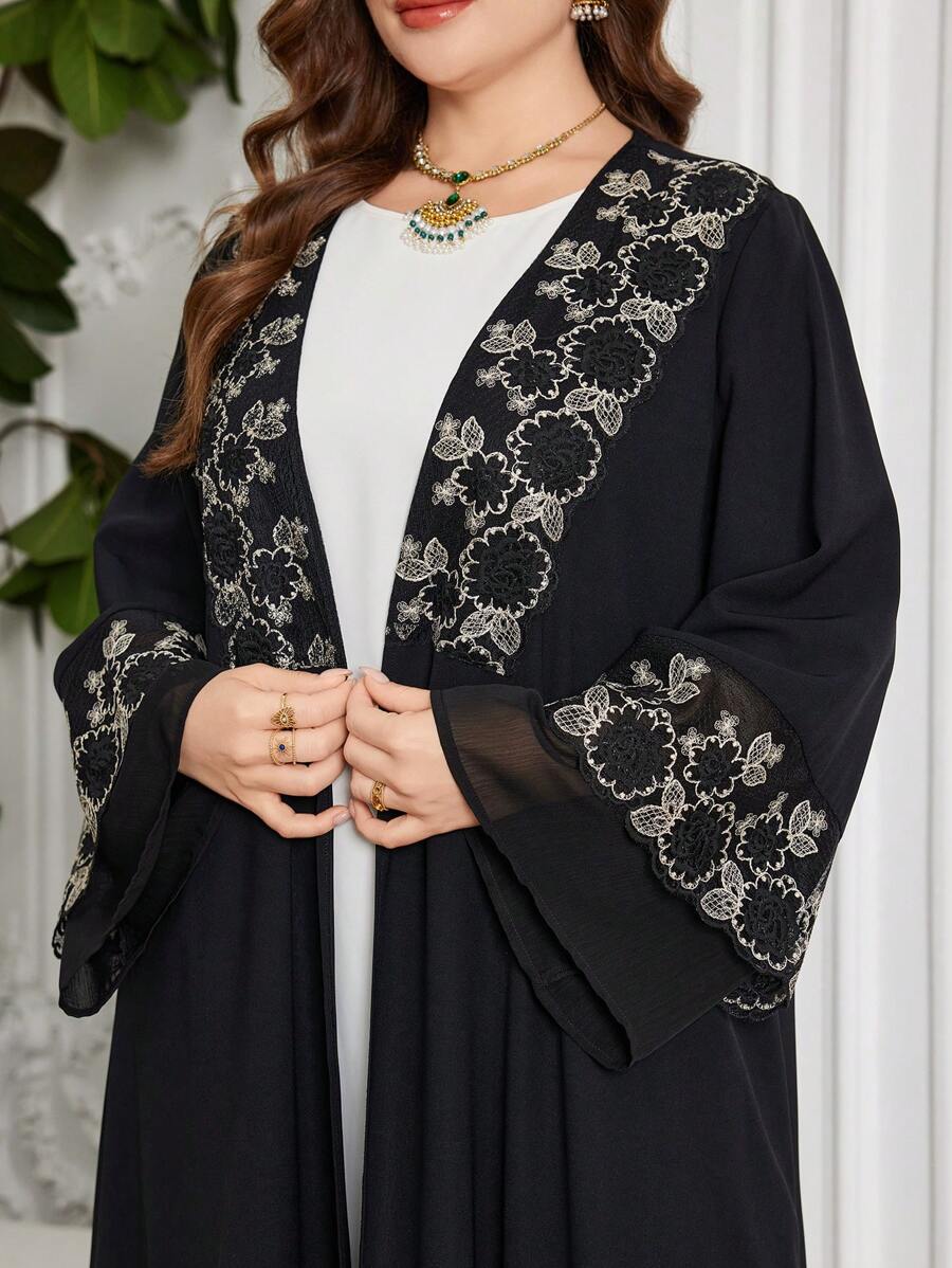 Al Najma Plus Size Women's Floral Embroidered Flared Sleeve Chiffon Patchwork Loose Comfortable Luxurious Arabic Style Robe, Modest Abaya